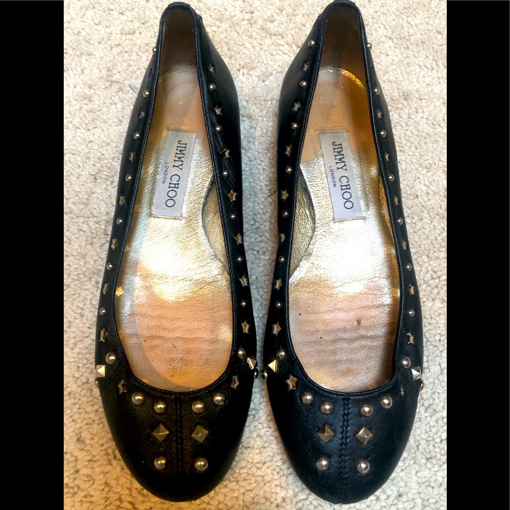 JIMMY CHOO London- Blk flats w gold stars Sz 7/38